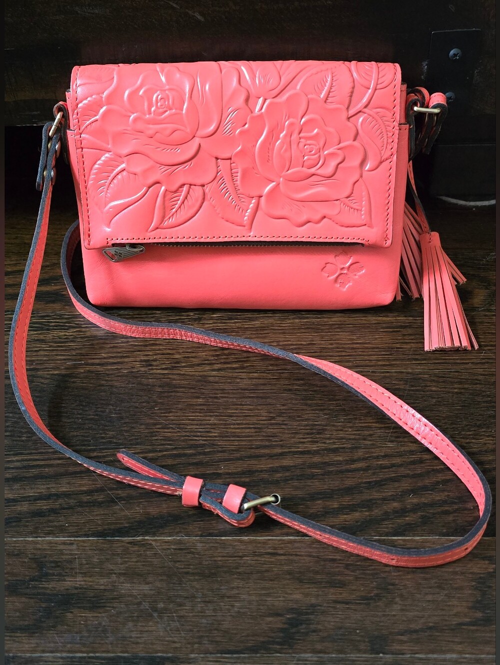 Patricia Nash Coral Embossed Floral Crossbody with Tassel